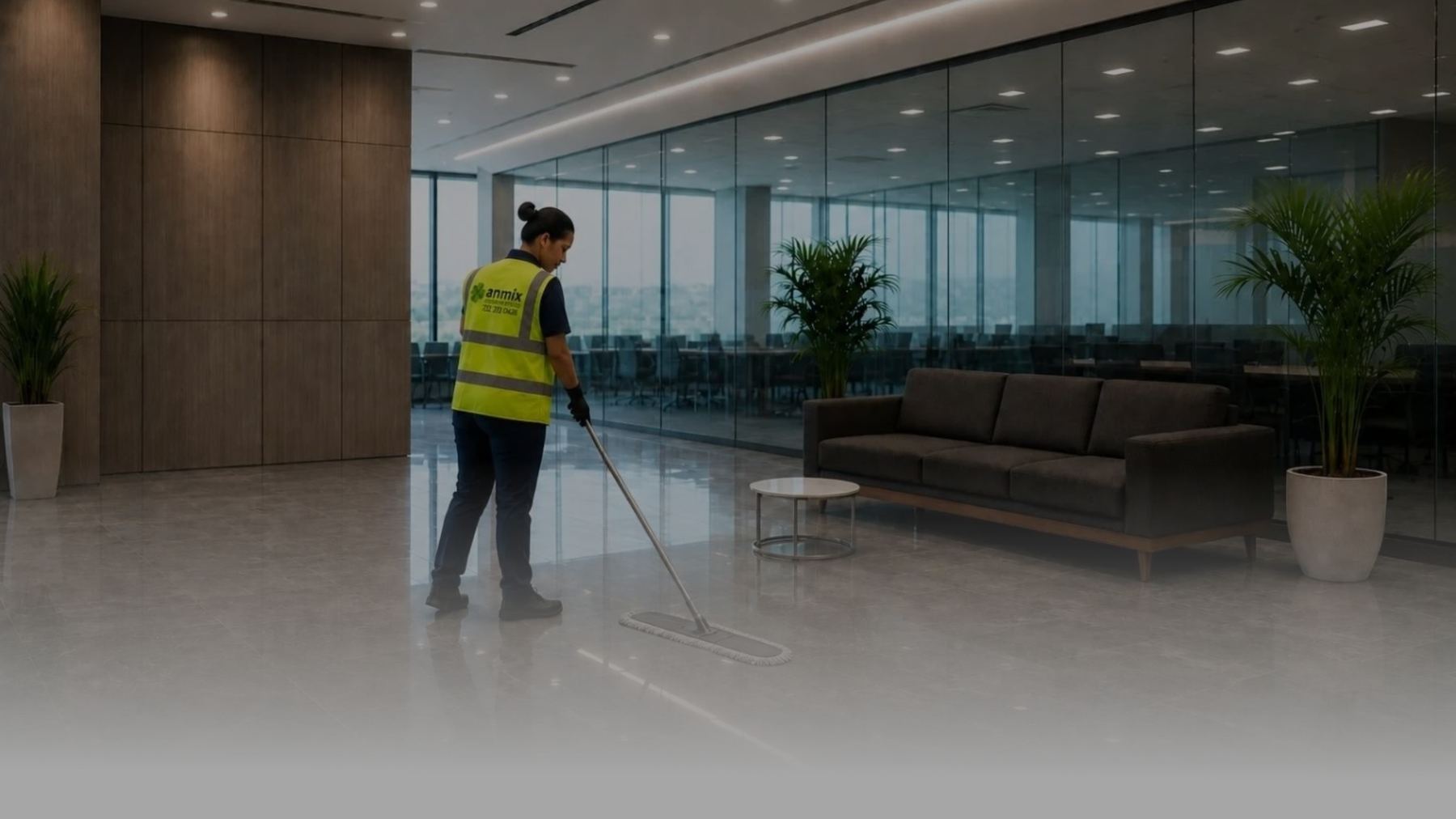 Personal de ANMIX realizando limpieza en un lobby corporativo